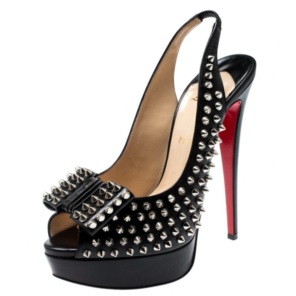 Christian Louboutin Black Studded Peep-Toe Slingback Pumps with Red Sole